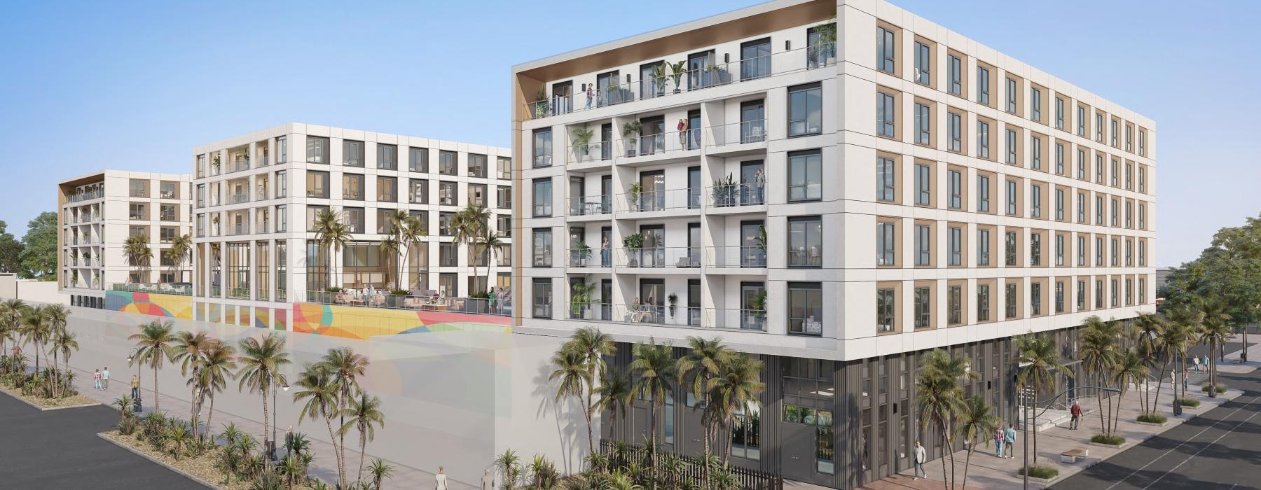 a building with trees and a walkway