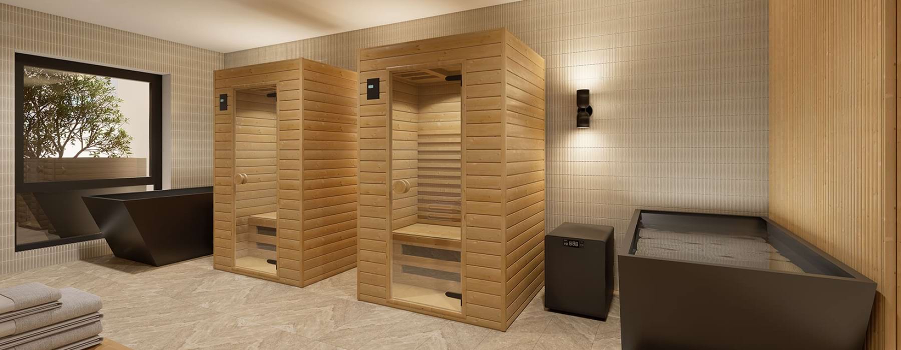 sauna booths and large soaking tubs
