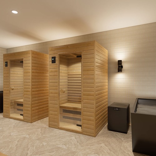sauna booths and large soaking tubs