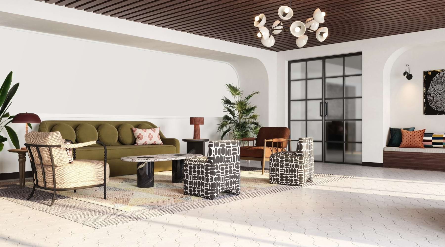 lounge area with modern decor and ample seating