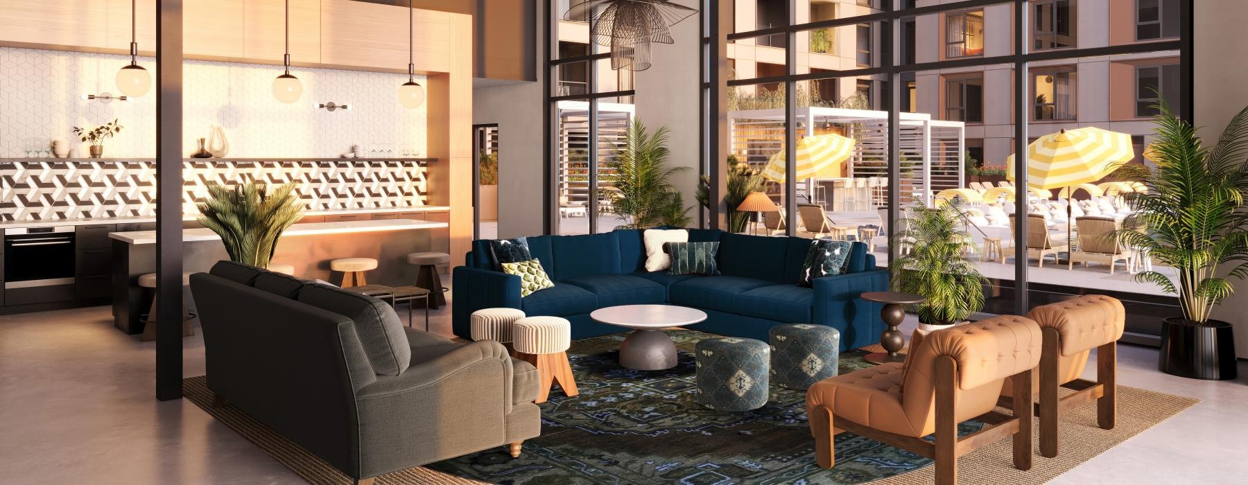 a modern looking lounge room with large windows and seating