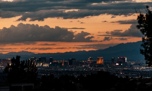 Las Vegas skyline at sunset - Las Vegas apartment complex