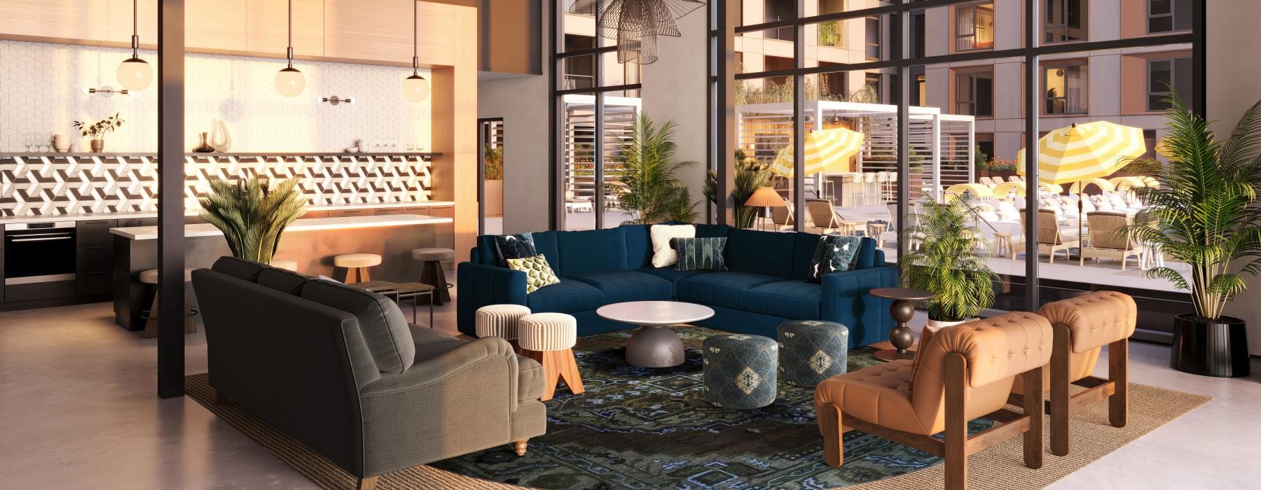 a modern looking lounge room with large windows and seating